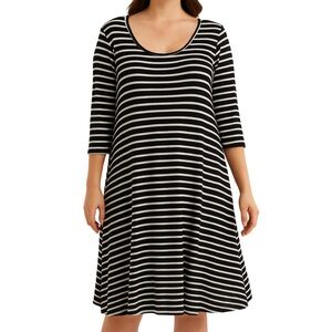 Black White Stripes 3/4 Sleeve Comfy Flowy Spring Preppy Coastal Sheath Dress